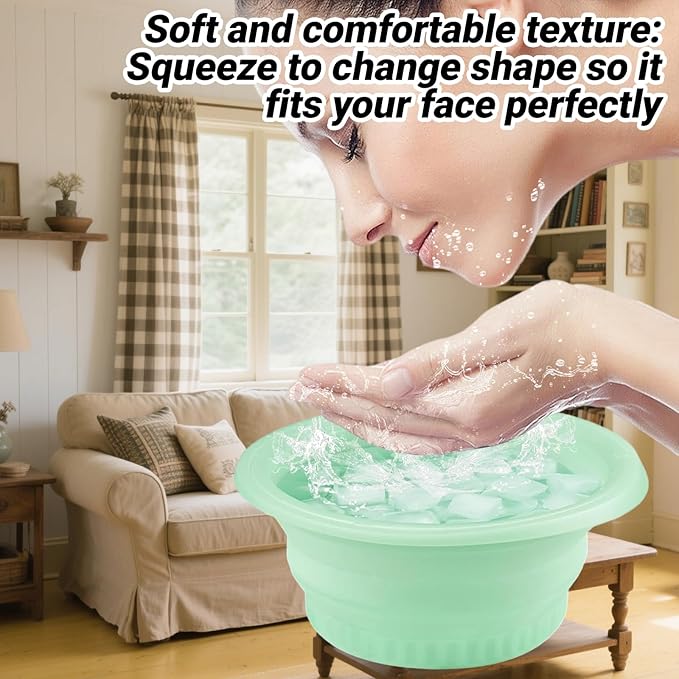 Face Bowl for Ice with Built-in Icetray,Portable Foldable Silicone Face Ice Bath Bowl,Ice Bath Facial Plunge Bowl for Skin Tightening & Acne Relief,Green