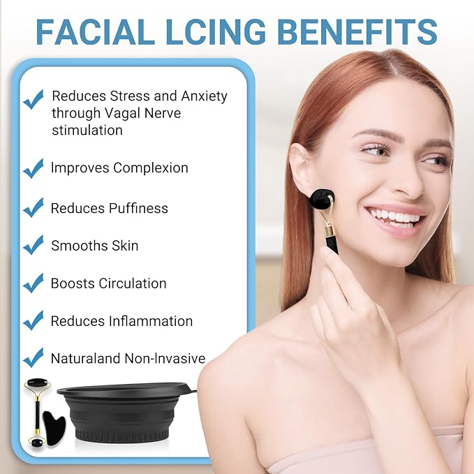 Foldable Facial Ice Bowl Gua Sha facial roller and Silicone Facial Ice Bowl Set Portable Ice Bucket Reusable Facial Ice Holder for Facial Treatments Eliminate Puffiness Travel Built-in Ice Cube