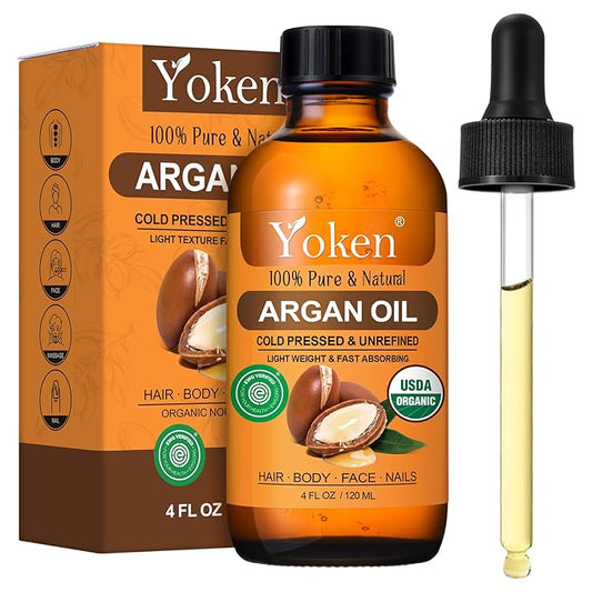 Yoken Organic Argan Oil for Hair 4 Fl Oz, USDA Pure and Natural Morocco Argan Oil, Argon Oil For Hair, Scalp, Face & Skin Care, 100% Cold Pressed Hair Conditioner, Unrefined Argon Nails Carrier Oil
