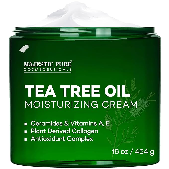 Majestic Pure Tea Tree Oil Moisturizing Cream - Body, Foot & Face Moisturizer - With Ceramides, Vitamins A E & Vegan Collagen - For Dry Skin, Oily Skin, & Appearance Of Wrinkles - 16 oz