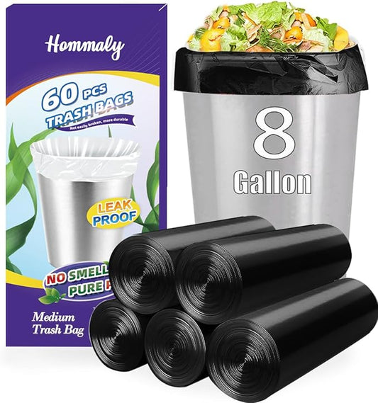 8 Gallon 60pcs Medium Black Trash Bags Strong Black Garbage Bags, Bathroom Trash Can Bin Liners, Plastic Bags for Office Home Kitchen, Waste Basket Liner, Fit 30 Liter, 7,8 Gal(8G60-Black)