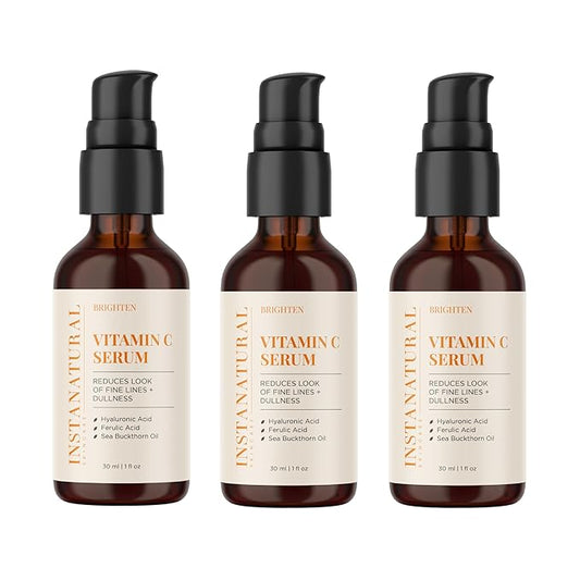 InstaNatural Vitamin C Face Serum with Hyaluronic Acid & Ferulic Acid | Brightening & Hydrating Formula for Radiant, Smooth-Looking Skin – 1 FL Oz - 3 Pack