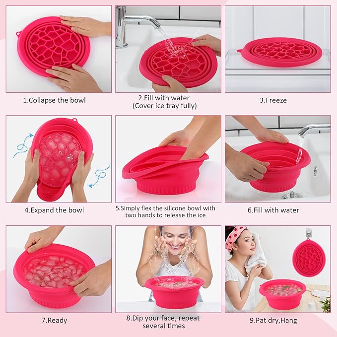 Ice Bowl for Facial Cold Bath Foldable Silicone Washbasin with Built-in Icetray Collapsible Travel Facial Plunge Bowl for Face Icebath