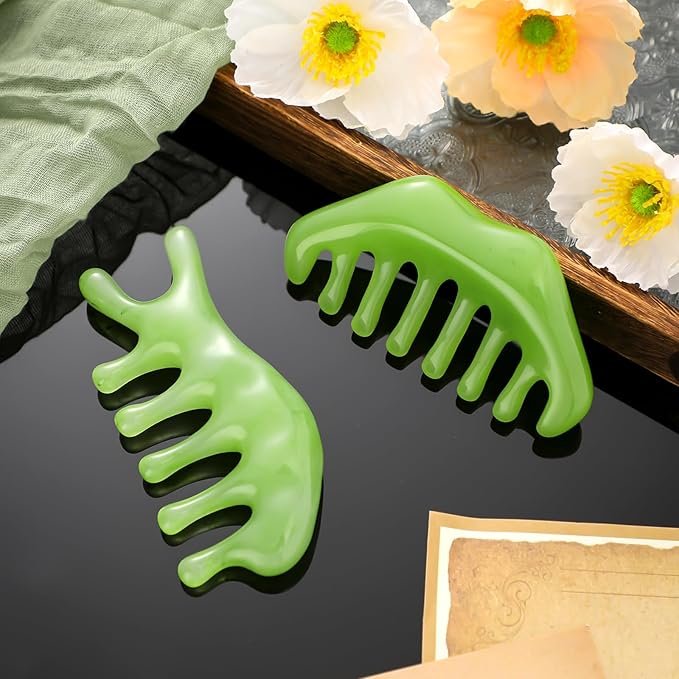 Geiserailie 2 Pieces Jade Combs Massage Stone Hair Gua Sha Scraping Scalp Comb Facial Massage Tool Multifunctional Handheld Head Tools Head Caring Therapy Mother's Day Gift (Fashion Style)
