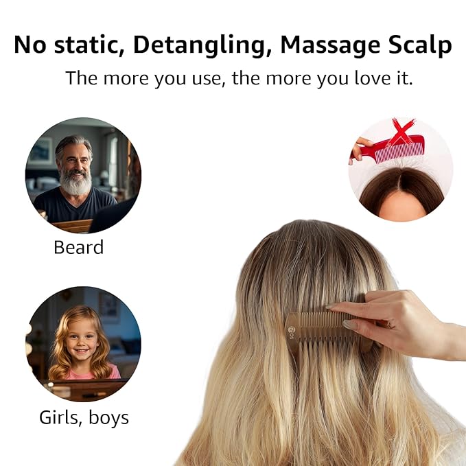 Untreated 4.3 inch Real Ox Horn Curly Hair Beard Mustache Comb, Handmade Fine Wide Tooth Double Sided Small Pocket Travel, Anti-static Detangling Massage Scalp Gua sha for Women Men