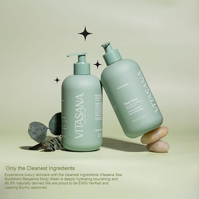 Vitasana Natural Body Wash for Sensitive Skin, 16 oz – Sea Buckthorn & Bergamot Scent, 98.9% Plant‑Derived, EWG Verified, Hypoallergenic, Paraben‑Free, Sulfate‑Free, Cruelty‑Free