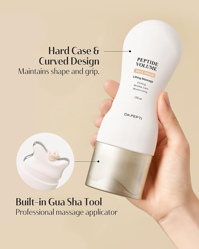 DR. PEPTI Peptide Volume Neck Cream - 2-in-1 Age-Defying Neck Creams for Tightening and Firming w/Built-in Gua Sha Neck Massager – Power Lift Neck Contour Cream with Collagen & Peptides 4.2 fl oz