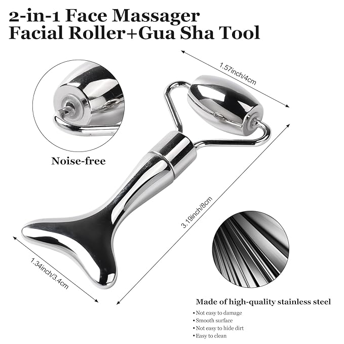 Stainless Steel Face Roller,2-in-1 Facial Roller and Guasha Tool for Face,Cooling Metal Roller for Redness Reducing,Skin Care