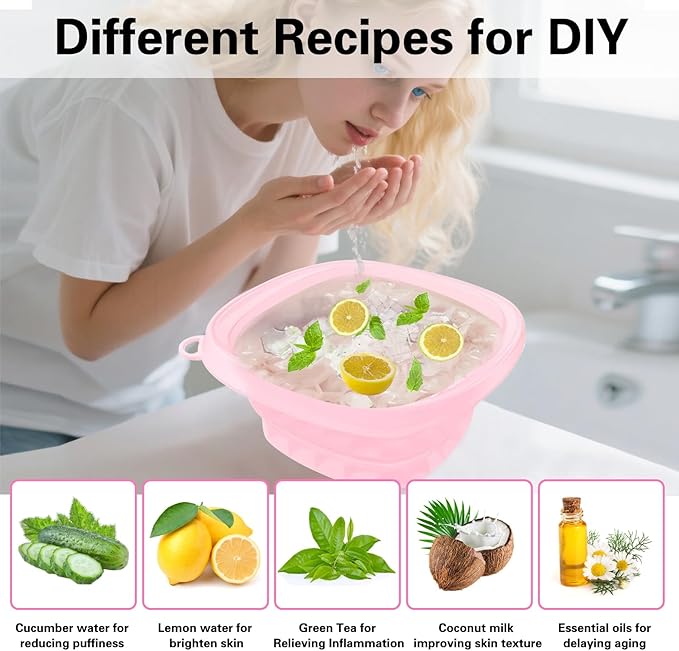 Face Bowl for Ice with Built-in IceTray,Collapsible Silicone Face Ice Bowl – Cold Plunge Therapy for Skin Tightening & Facial Treatment– Portable Spa Tool for Home & Travel（Pink) ﻿