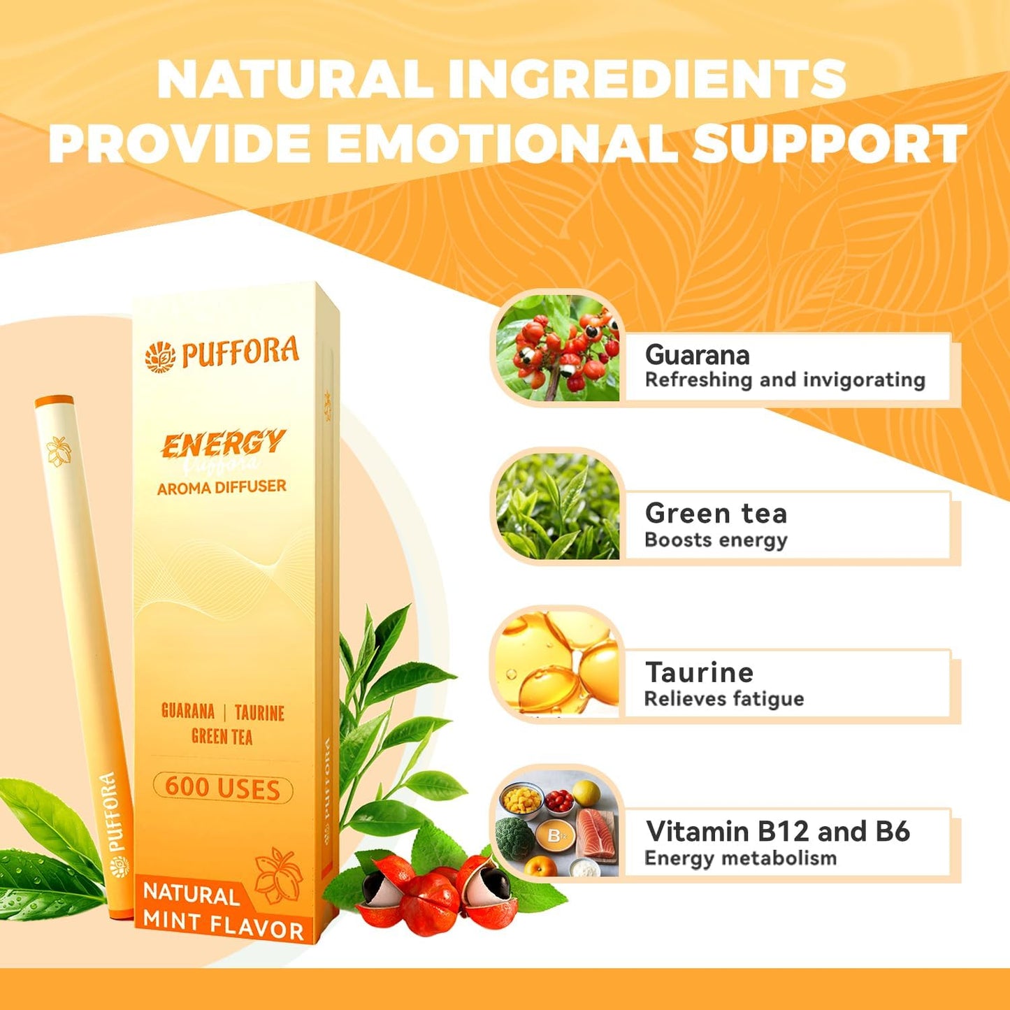 Energy Diffuser Pen, Extracts of Guarana, Green Tea & Taurine, Vitamin B12 & B6, Support for Energy & Focus Boost, Body Relaxation, Natural Alternative - 600 Uses