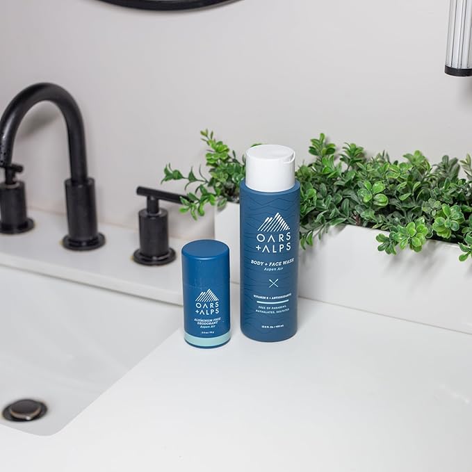 Oars + Alps Mens Moisturizing Body and Face Wash, Skin Care Infused with Vitamin E and Antioxidants, Sulfate Free, Aspen Air, 2 Pack