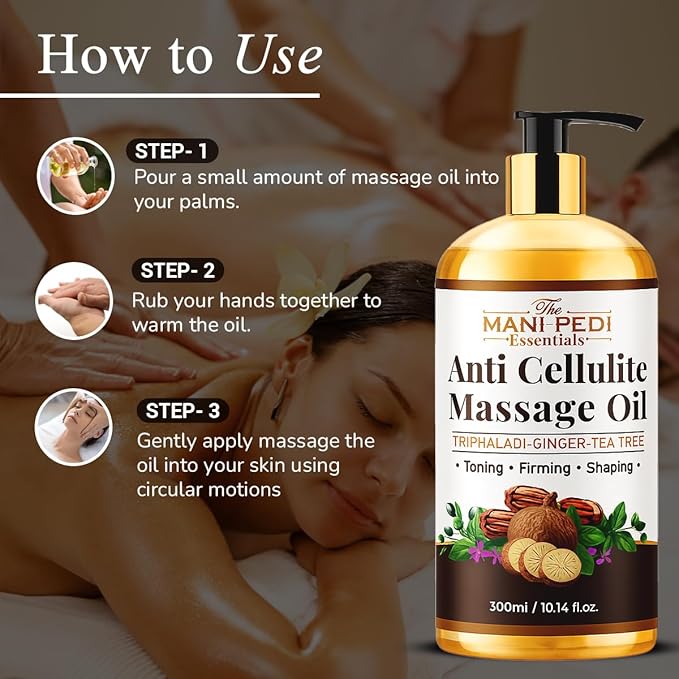 Anti Cellulite Massage Oil with Ginger Oil, Tea-Tree Oil & Natural Herbs for Toning, Firming & Shaping. 100% Natural Ingredients, Non-Sticky Texture - 10 Fl Oz