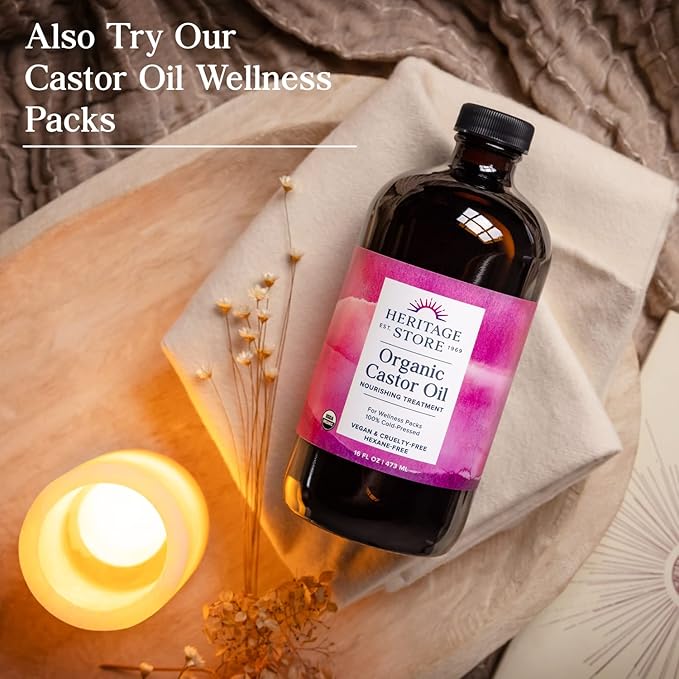 HERITAGE STORE Organic Castor Oil - Glass Bottle - Nourishing Treatment for Hair and Skin - Hair Oil, Eyelash Serum for Eyelashes, Brows, Castor Oil Packs - Cold Pressed, Hexane Free, Vegan 32oz