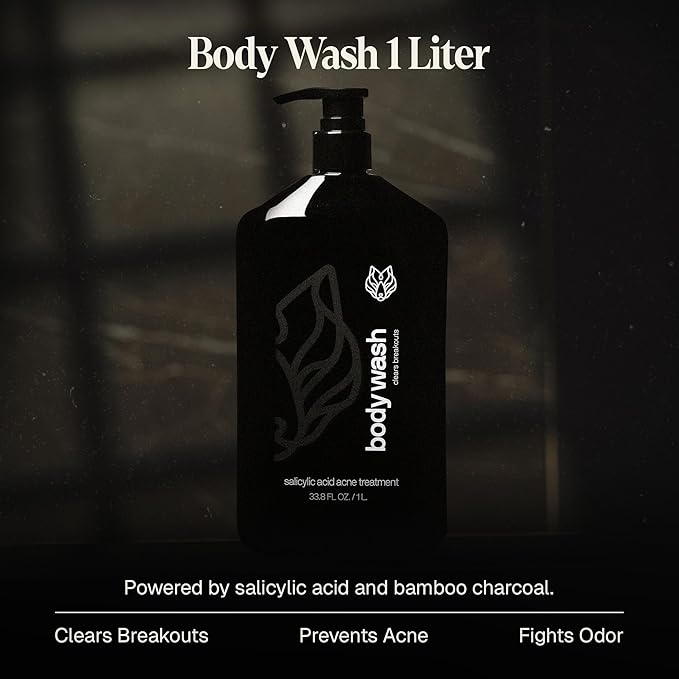 Black Wolf Salicylic Acid Body Wash for Men, 1 Liter - Men's Acne Body Wash - Charcoal Helps Reduce Acne Breakouts & Cleanse Your Skin - Full Coverage & Deep Clean Treatment - Men's Bodywash