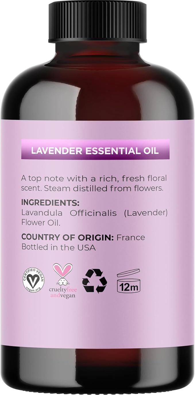Pure Lavender Essential Oil - Lavender Oil for Hair Skin and Nails Plus Aromatherapy Diffusers Humidifiers Linens and Baths for at Home Spa Self Care - Premium Grade Non-GMO in Glass Bottle (4 Fl Oz)