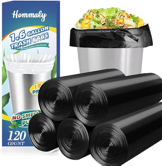 1.6 Gallon 120 pcs Small Black Trash Bags, Strong 1.3 Gallon 1.5 Gallon 1.6 Gallon Garbage Bags, Bathroom Trash Can Bin Liners,Mini Bags Waste Basket Liner,Fit 5-6 Liter, 1.6 Gal-Black-120