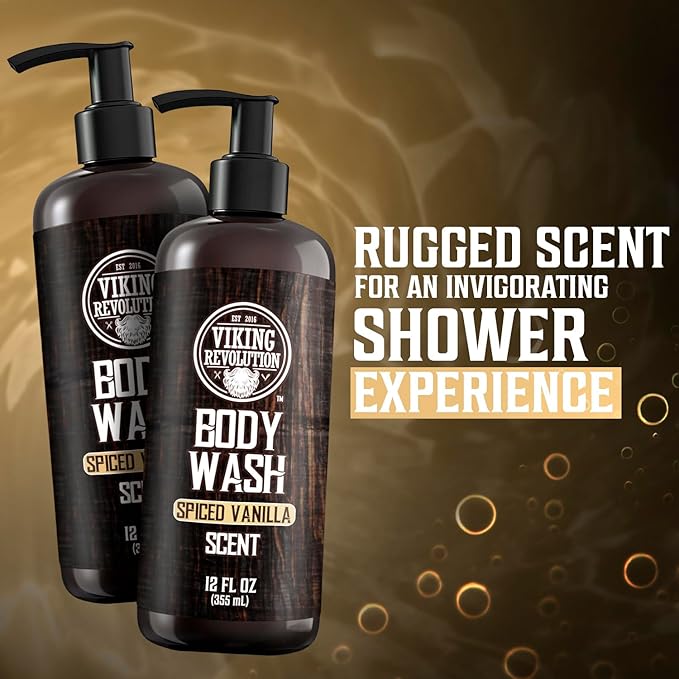 Viking Revolution Men's Body Wash - Spiced Vanilla Mens Body Wash - Mens Natural Body Wash for Men with Vitamin E and Rosemary Oil - Shower Gel Body Wash Men (12 Fl Oz, Pack of 2)