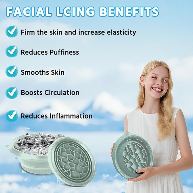 Foldable Silicone Facial Ice Bath Bowl, Ice Face Bowl with Built-in Ice Tray - for Cold Immersion Therapy, Skin Tightening and Acne Relief - Portable Cold Therapy Tool for Home and Travel (Green)