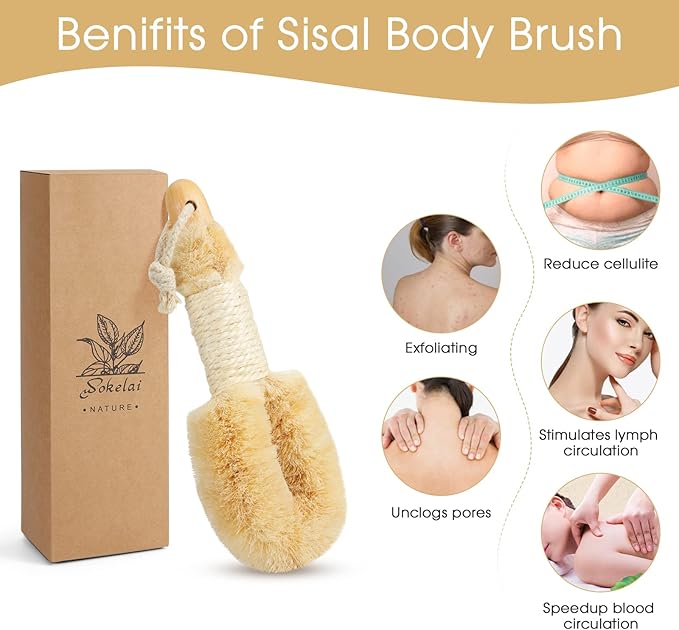 Dry Brushing Body Brush for Skin - Exfoliating Body Scrubber Brushes Natural Sisal Bristle for Lymphatic Drainage Cellulite Body Exfoliator for Bath Shower to Improve Circulation Stop Ingrown Hairs