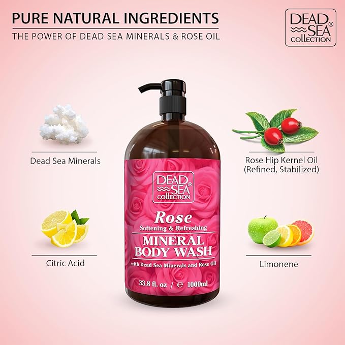 Dead Sea Collection Rose Body Wash for Women and Men – Rose Hip Oil & Dead Sea Minerals – Moisturizing Shower Gel for Dry & Sensitive Skin – Pack of 2 (67.6 fl oz)
