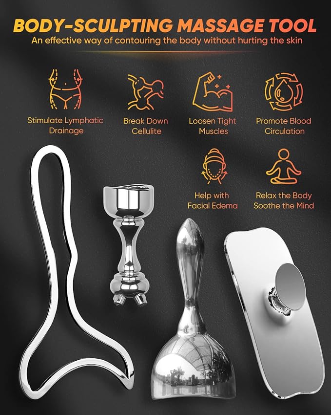 ONUEMP Stainless Steel Therapy Massage Tools, Gua Sha Scraping Body & Face Massager, Maderoterapia Kit Colombiana for Ice Body Sculpting, Lymphatic Drainage, Cellulite Remover, Relieve Sore Muscle