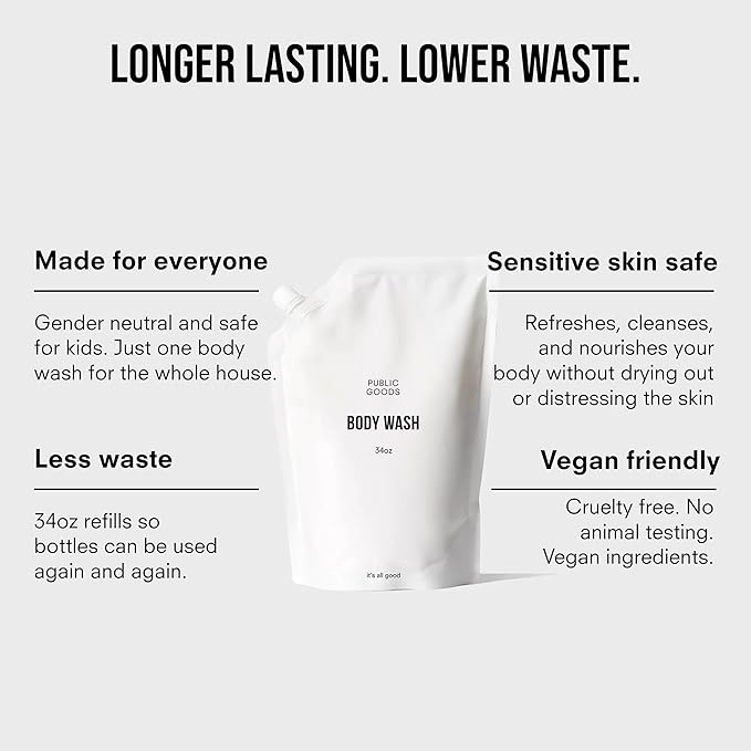 Public Goods Body Wash for Men and Women | Natural Soap for Bath & Shower | Body Scrub Made with Organic Essential Oils | Sulfate & Paraben Free | Vegan Friendly | 34 Fl Oz Refill