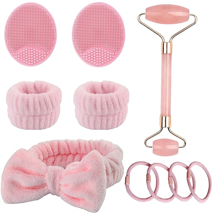 10 PCS Pink Spa Hair & Face Care Set,birthday gifts with Hair ties Silicone face brush Girl Gift for Face Washing, Makeup, Stone Facial Roller,Gua Sha Roller, Remove Wrinkles Eye Puffiness