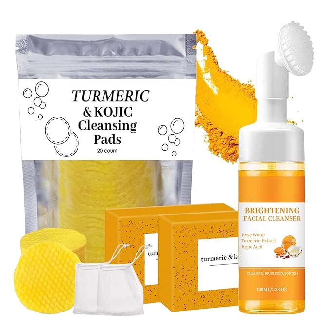 Turmeric Face Wash With Brush,Turmeric Wash and Care Set,Foaming Facial Cleanser&2Bars of Lemon Soap&20pcs Cleansing Pads&2 Bubble Nets,Facial Kit for Women,3.38 Fl Oz/pcs