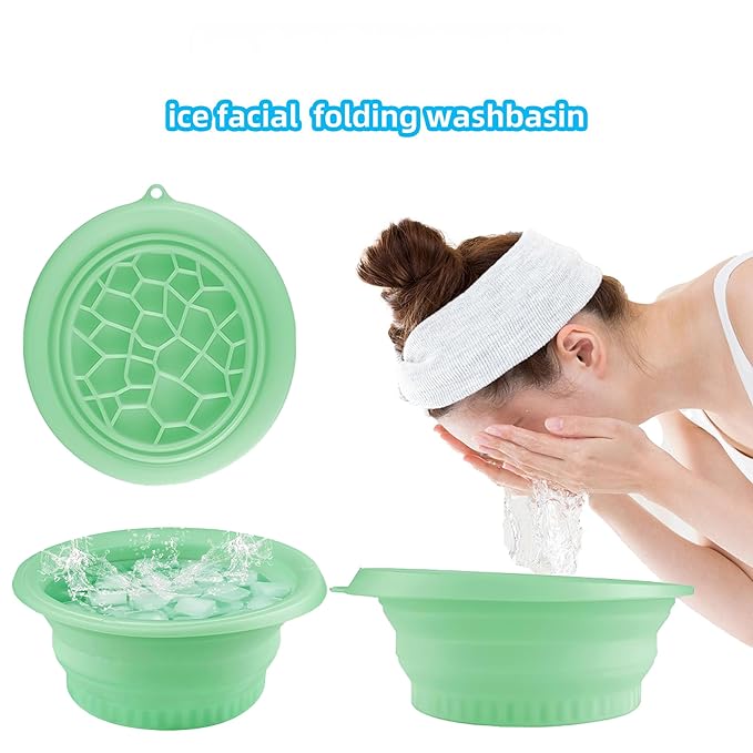 Foldable Face Ice Bath Bowl with headband Silicone Bowl with Built-in Icetray for Home Ice Water Facials Large Capacity Portable for Skin Tightening, Acne Relief & Anti-Inflammation（Green）