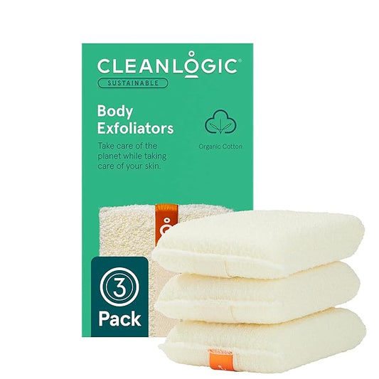 Cleanlogic Organic Cotton Exfoliating Body Scrubber, Reusable Exfoliator Tool for Smooth and Softer Skin, Daily Skincare Routine, Natural, 3 Count Value Pack