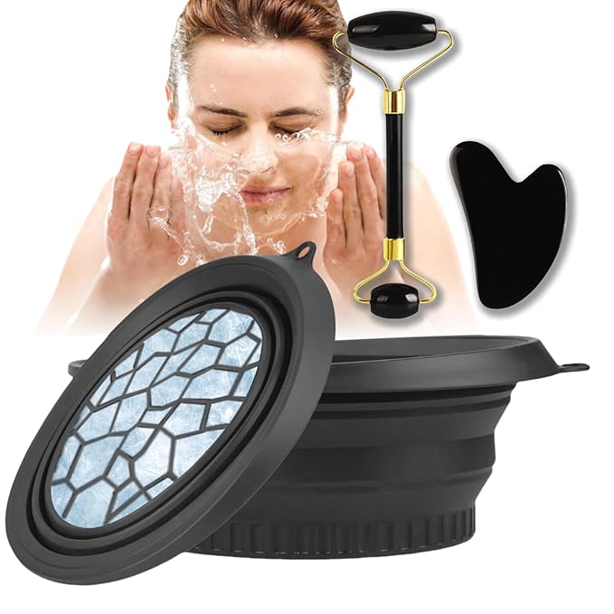 Foldable Facial Ice Bowl Gua Sha facial roller and Silicone Facial Ice Bowl Set Portable Ice Bucket Reusable Facial Ice Holder for Facial Treatments Eliminate Puffiness Travel Built-in Ice Cube