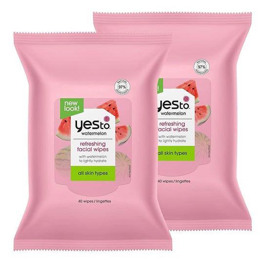 Yes To Face Wipes for Women and Men, Refreshing Facial Cleansing Wipes for use as a Make Up Remover, Cleaning, Soothing, Watermelon (Pack of 2)