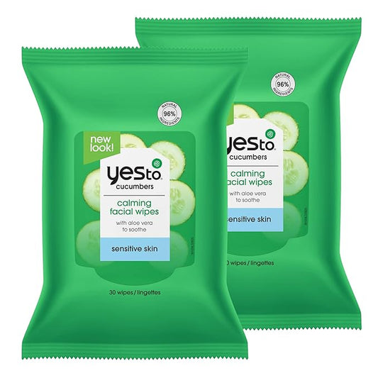 Yes To Face Wipes for Women and Men, Sensitive Facial Cleansing Wipes for use as a Make Up Remover, Cleaning, Soothing, Cucumbers Aloe Vera (Pack of 2)
