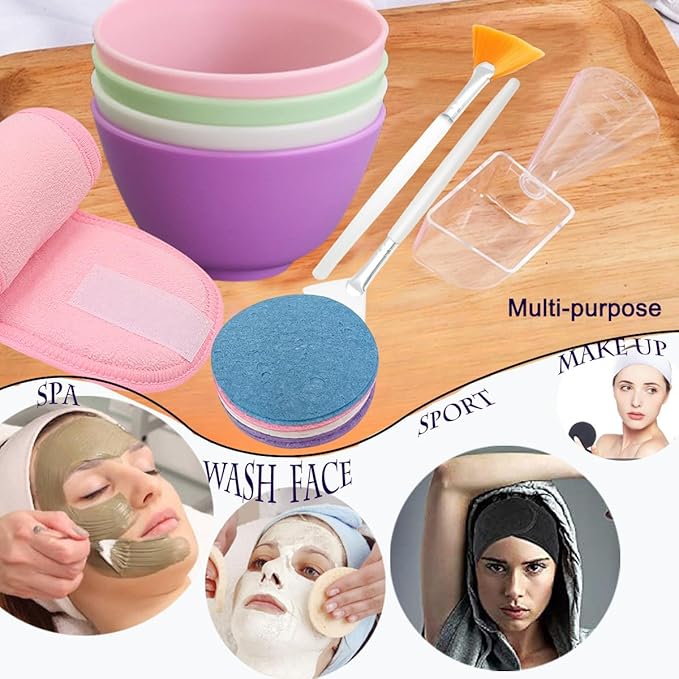 30 Pcs Esthetician Supplies for Facials Set,Facial Care DIY Tools 4 Silicone Facial Bowls 4 Facial Mask Fan Brushes 5 Facial Headbands, 8 Compressed Facial Sponges 8 Mask Applicators 1 Measuring Cups