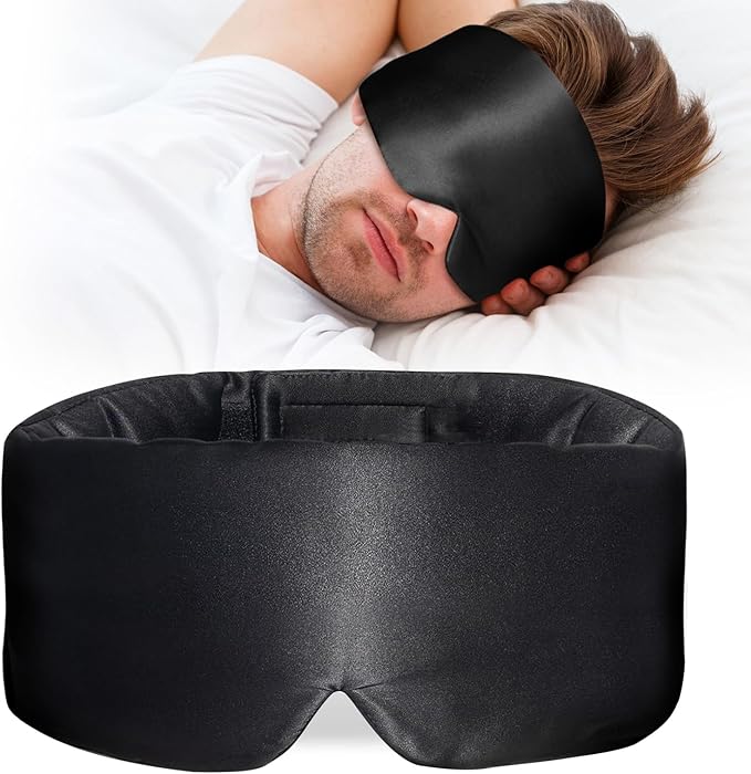 100% Mulberry Silk Sleep Mask, Large Eye Cover for Sleeping, Comfortable and Pressure-Free Sleeping Masks for Women Men, Completely Blackout (Black)