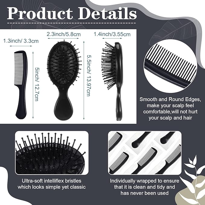 48 Pcs Mini Hair Brush and Combs Set Bulk for Homeless Individually Wrapped Curly Thick Long Smoothing Hair Brush for Women Men Kids Hotel Nursing Charity(Black)
