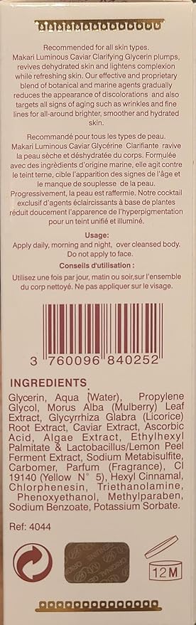 MAKARI Classic Caviar Skin Brightening Body Glycerin (5.1 fl.oz) | Anti-Aging and Hydrating Gel-Cream for Body | Moisturizing and Brightening Cream for Dark Marks, Scars, Wrinkles, and Dry Patches