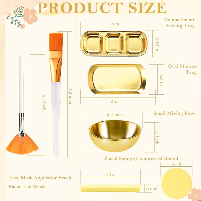 23 Pcs Esthetician Supplies 3 Stainless Steel Gold Mixing Bowls Gold Small Serving Tray 3 Compartment Serving Tray 3 Facial Fan Brushes 3 Face Mask Applicator Brush 12 Facial Sponge Compressed Round