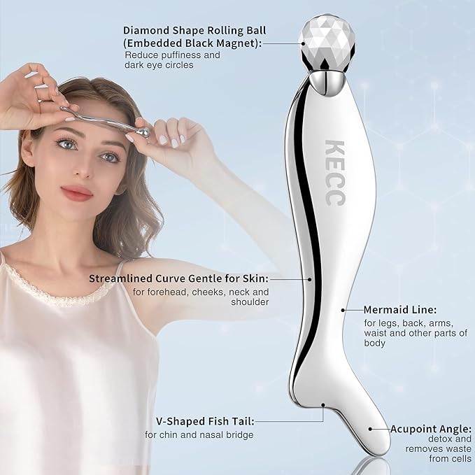 KECC Gua Sha Facial Massager (Fishtail),Stainless Steel Cold Roller Sticks for Face Eyes,Crescent Line Chin Lift Tightening Skin Tool, 4 Edges Drainage Sculpting Beauty Tool