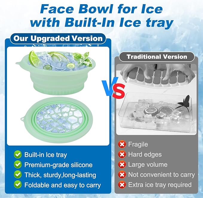 Face Ice Bath Bowl with Built-In Icetray – Collapsible Silicone Facial Ice Bath Bowl for Easy Storage & Carrying,Ice Face Bowl for Cold Plunge Therapy,Facial Plunge Bowl for Home & Travel (Green)