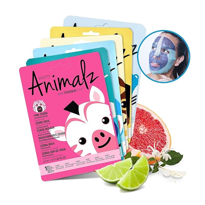 masque BAR Pretty Animalz Animal Character Sheet Mask, Korean Skin Care, Korean Spa Masks for All Skin Types, Spa Gifts, Birthday Party Gifts, Girls' Night, Skincare Party, Assorted Pack of 6