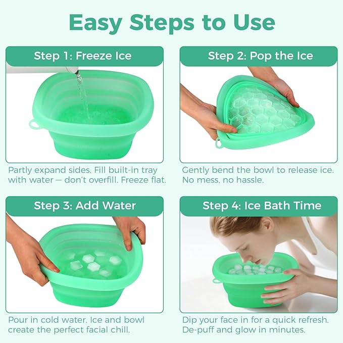 SaporeArt Ice Face Bowl, Upgraded Wider & Deeper Collapsible Silicone Facial Ice Bath Bowl with Built-In Ice Mold, Soothes Puffiness & Redness, Ideal for Home and Travel