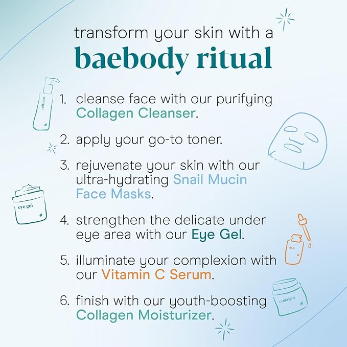 Baebody Snail Mucin Face Sheet Mask (6 pcs) - Anti Aging and Moisturizing Face Mask with Hyaluronic Acid - Deep Hydration for Youthful Skin