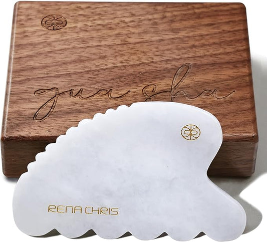 Rena Chris Gua Sha Facial Tool, Natural White Jade Stone Body Gua Sha with Exquisite Wooden Box, Large Guasha Suitable for Face Lifting, Puffiness Reducing and Whole-Body Massage, Skin Care Massager