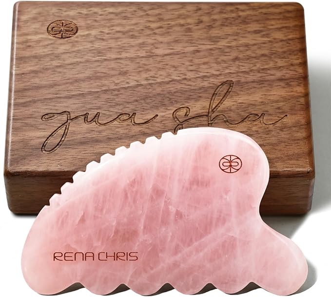 Rena Chris Gua Sha Facial Tool, Natural Rose Quartz Stone Body Gua sha with Exquisite Wooden Box, Large Guasha Suitable for Face Lifting, Puffiness Reducing and Whole-Body Massage, Skin Care Massager
