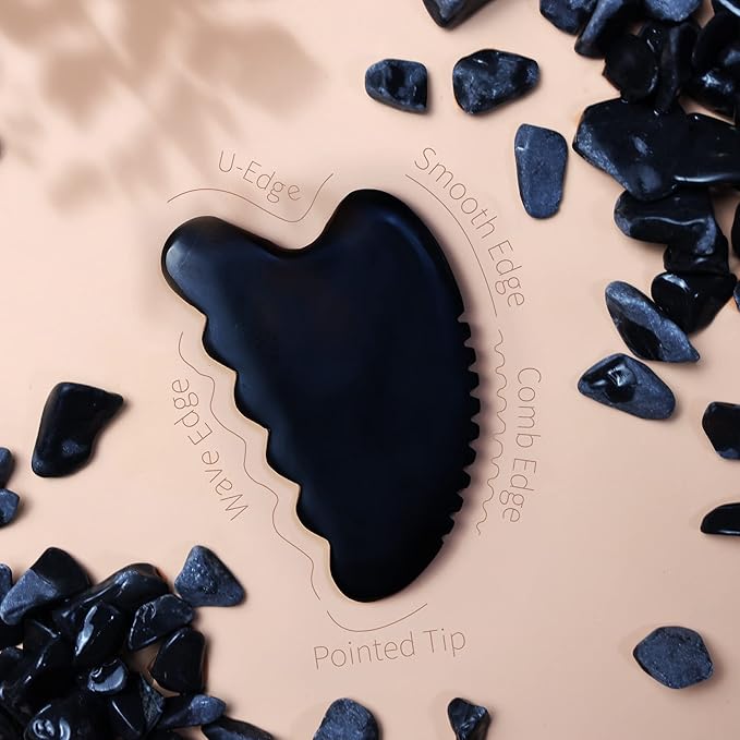 Gua Sha Facial Tools, Natural Bian Stone Gua Sha Jade Massage Tool, Body Gua Sha Stone with Comb, Large GuaSha Set for Traditional Acupuncture Therapy(Wave-Edge)