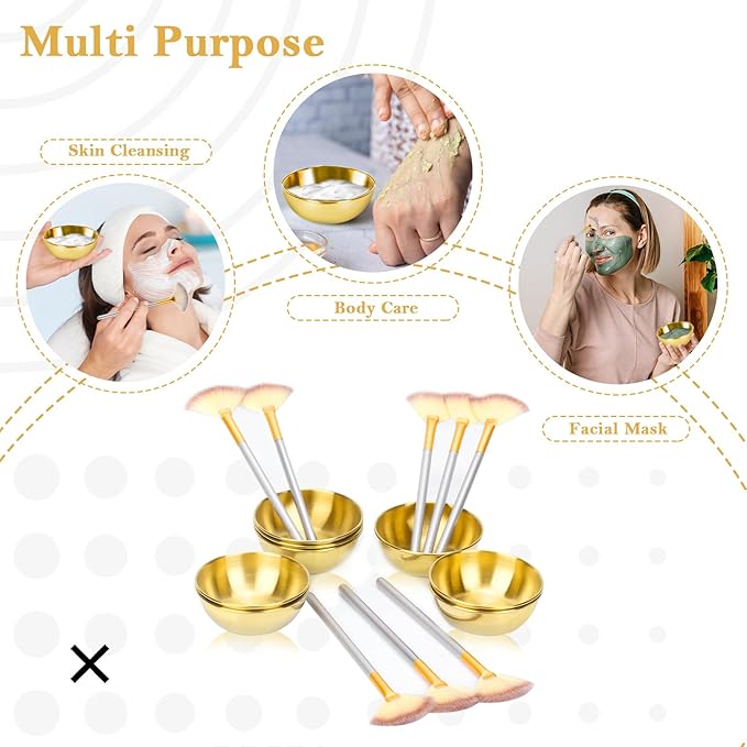 16 Pcs Gold Facial Bowl and Brush Set 8 Facial Fan Brushes Esthetician 8 Gold Facial Mixing Bowls Esthetician Stainless Steel Mixing Bowls Face Mask Brush for Mud Cream Makeup Spa Salon Women