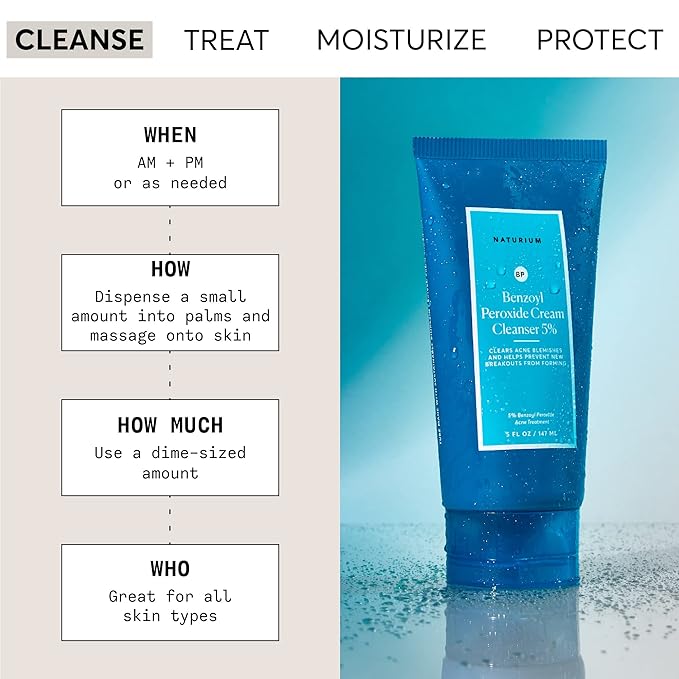 Naturium Benzoyl Peroxide Cream Cleanser 5%, Gentle Blemish Treatment for Face, 5 oz
