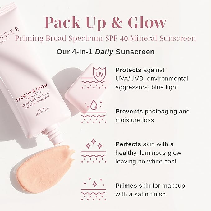 Wander Beauty Pack Up & Glow Primer with SPF 40 - 100% Mineral Sunscreen with Non-Nano Zinc Oxide + Titanium Dioxide - 4-in-1 Universal Tinted Sunscreen - Protect, Prevent, Perfect & Prime - 1.69 oz
