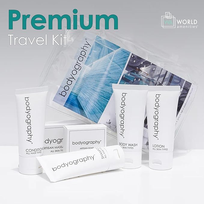 Bodyography Blanc Mini Travel Size Toiletries Bathroom Kit | Vanilla White Tea| Shampoo, Conditioner, Body Wash, Lotion, Artisan Soap & Massage Bar